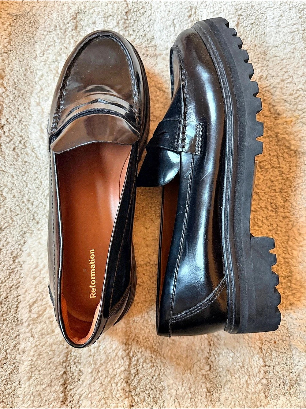Reformation Agathea Platform Penny Loafer Black Lug Sole Loafers New